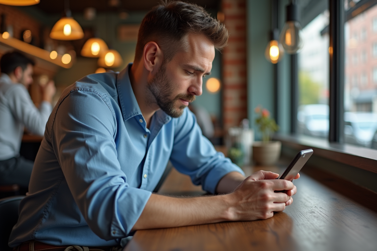 Homme au café utilisant son smartphone pour éditer un site