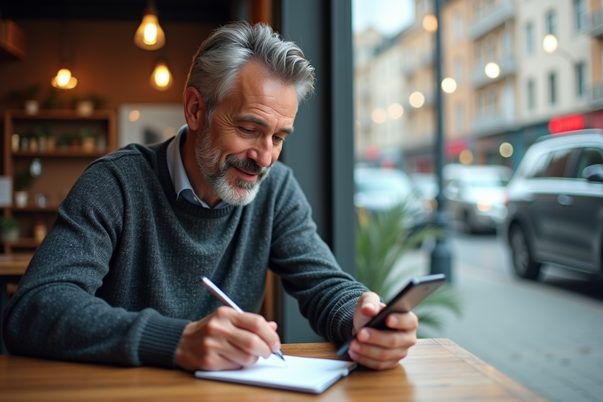 Homme au café explorant une application mobile