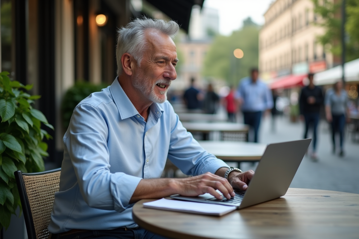 Homme d age moyen travaillant sur son ordinateur en extérieur