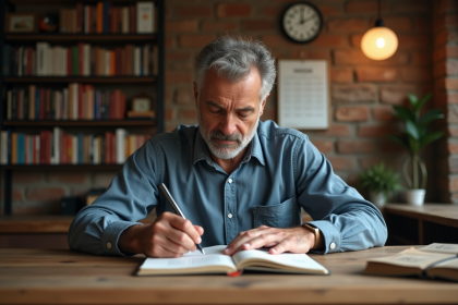 Homme d'âge moyen écrivant dans un carnet ancien