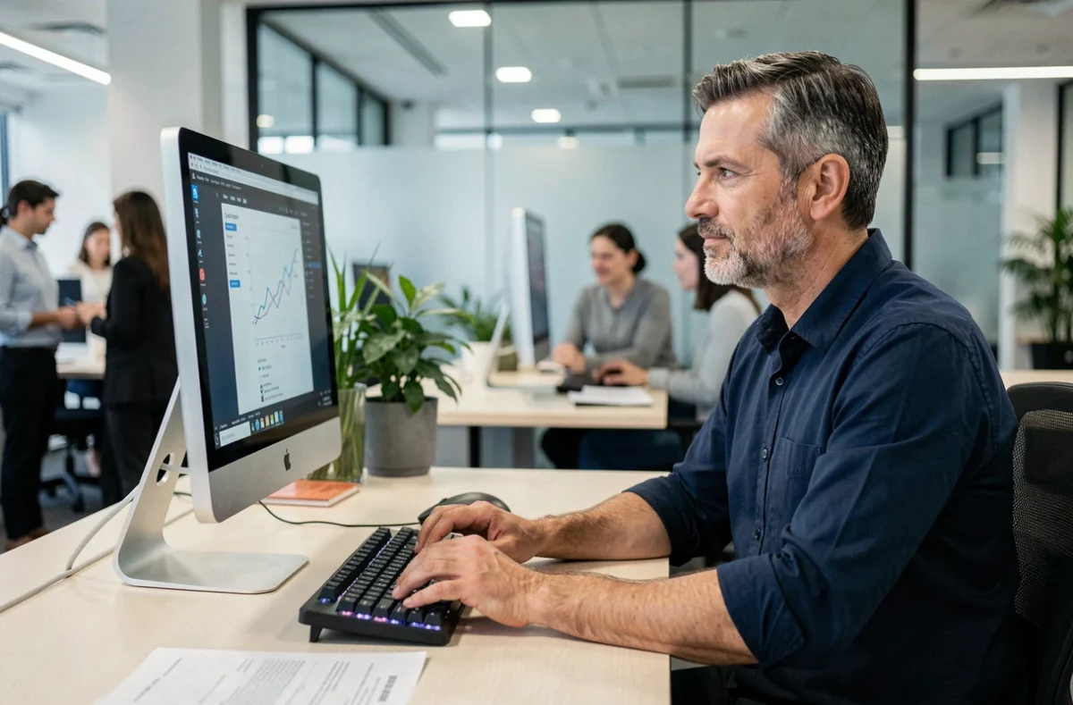 Homme tapant sur un clavier mécanique relié à un iMac dans un bureau professionnel moderne