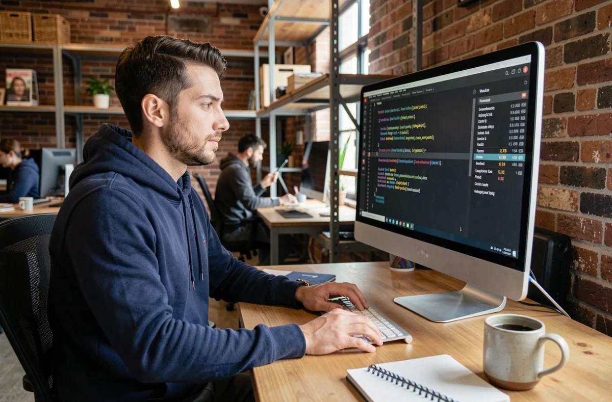 Homme vérifiant le nombre de caractères d'un texte sur un grand écran dans un espace de coworking