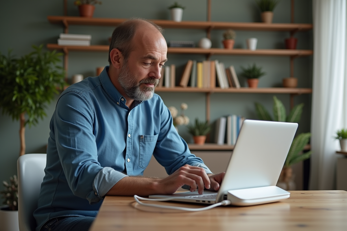 Homme d'âge moyen configure un routeur WiFi à la maison