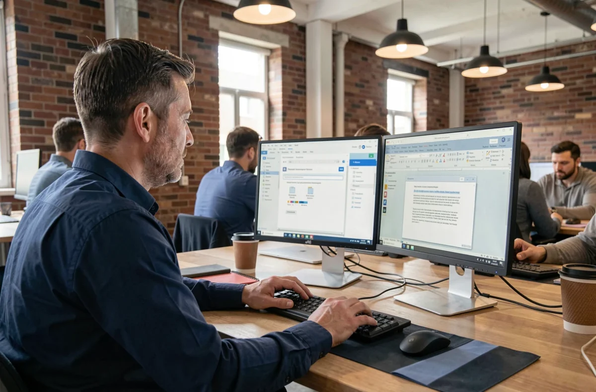 Homme utilisant un outil en ligne de conversion de fichiers Pages vers Word sur deux écrans dans un espace de coworking