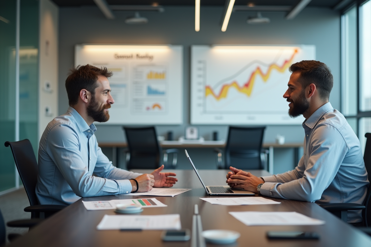 Homme en discussion sur le classement SEO avec un collègue