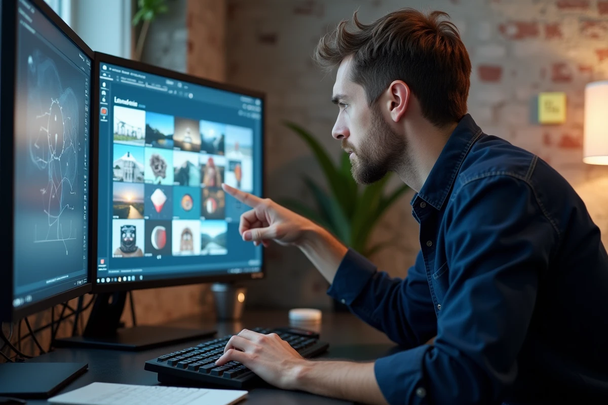 Homme évaluant des images générées par Leonardo AI sur grand écran dans un studio créatif