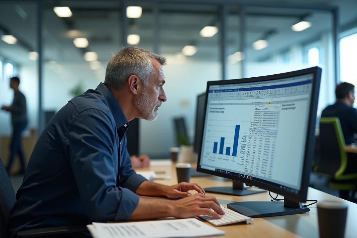 Homme d'affaires consultant un tableau Excel avec des formules de pourcentage sur grand écran dans un open space