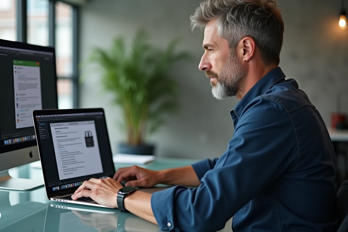 Homme utilisant les touches Option et Shift sur un MacBook Pro pour insérer un caractère spécial