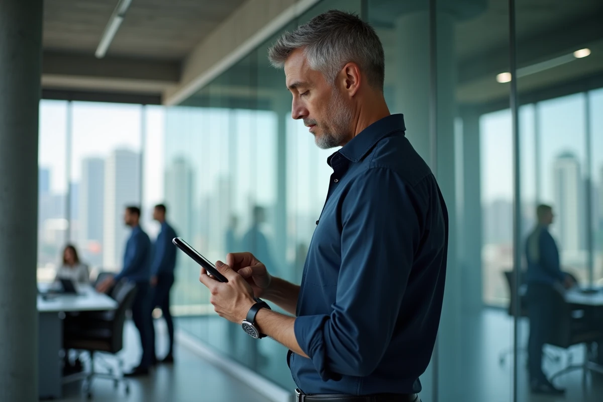 Homme d'affaires consultant un portail de paie sécurisé sur une tablette dans un open space professionnel
