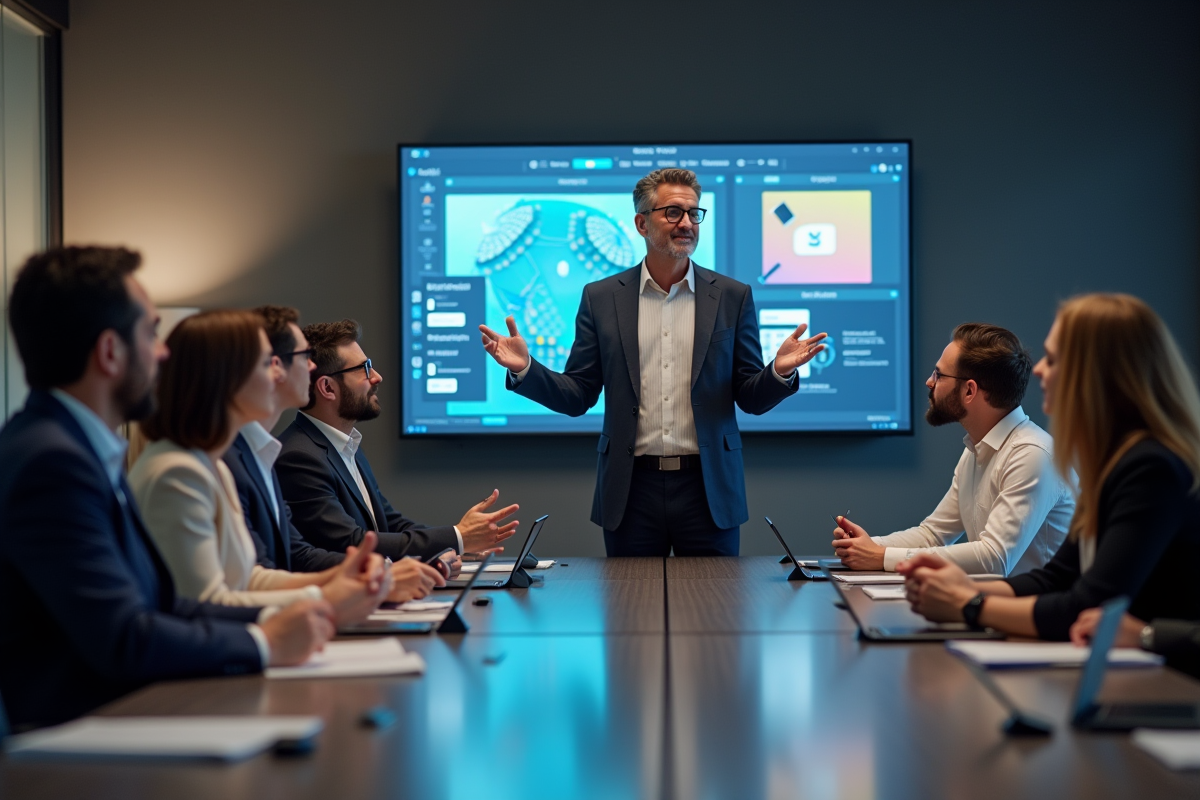 Homme professionnel présente des maquettes web à une équipe en réunion
