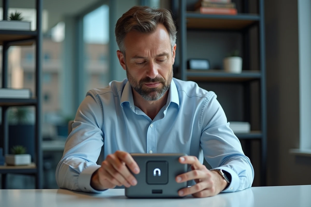 Homme d'affaires examine un mini ordinateur quantique dans un bureau