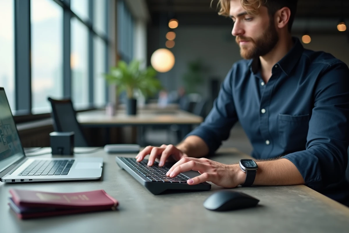 Homme installant un clavier qwerty compact tenkeyless dans un espace de coworking moderne avec setup minimaliste de voyage