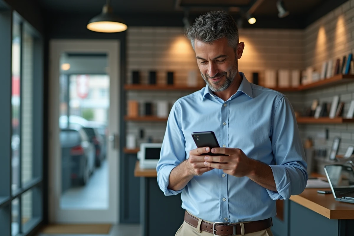 Homme d affaires vérifiant un ancien téléphone dans une boutique
