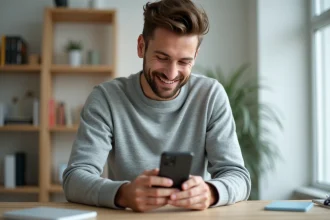 Homme tenant un smartphone Android reconditionné dans un bureau minimaliste moderne