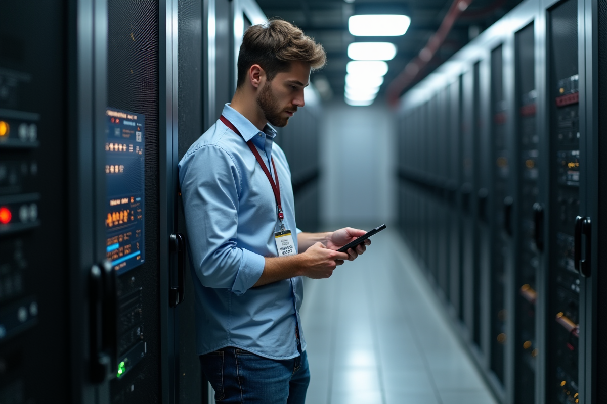 Homme en tenue casual vérifie un panneau d