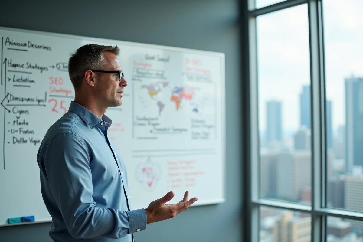 Homme en réunion expliquant des stratégies SEO devant un tableau blanc