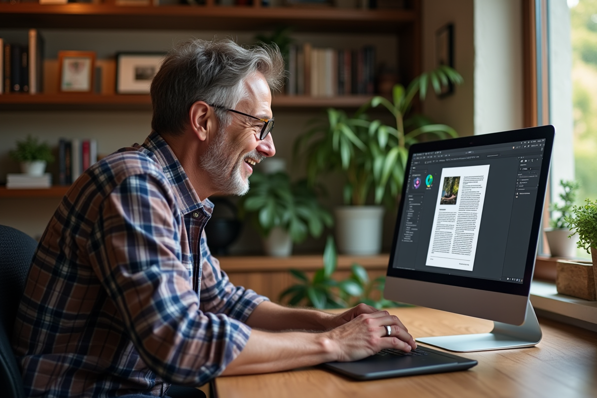 Homme à la maison ajustant une image sur un PDF avec une tablette