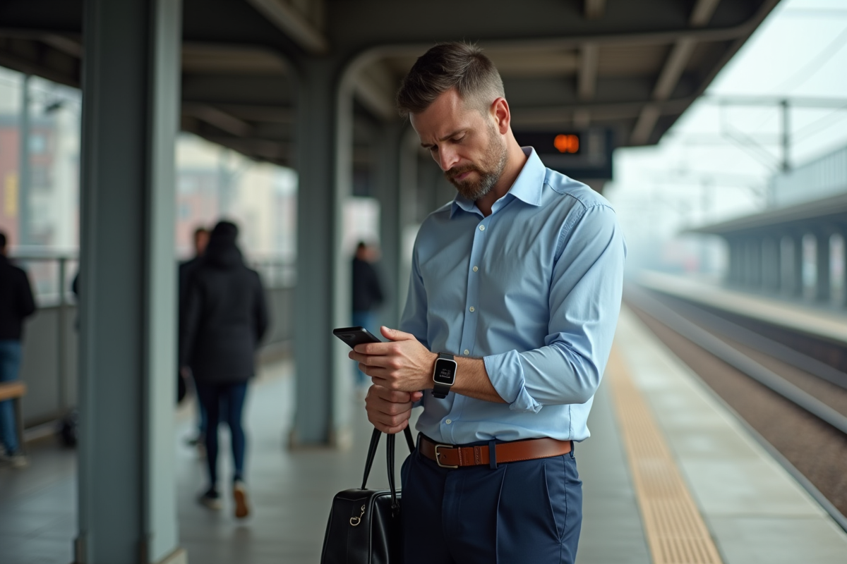 Homme vérifiant une notification de deuxfacteurs à la gare