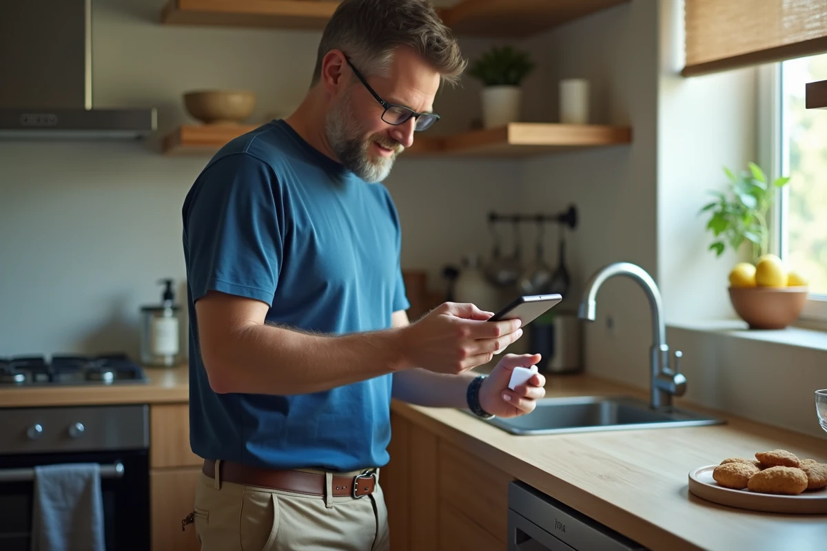 Homme triant ses données sur un téléphone dans la cuisine