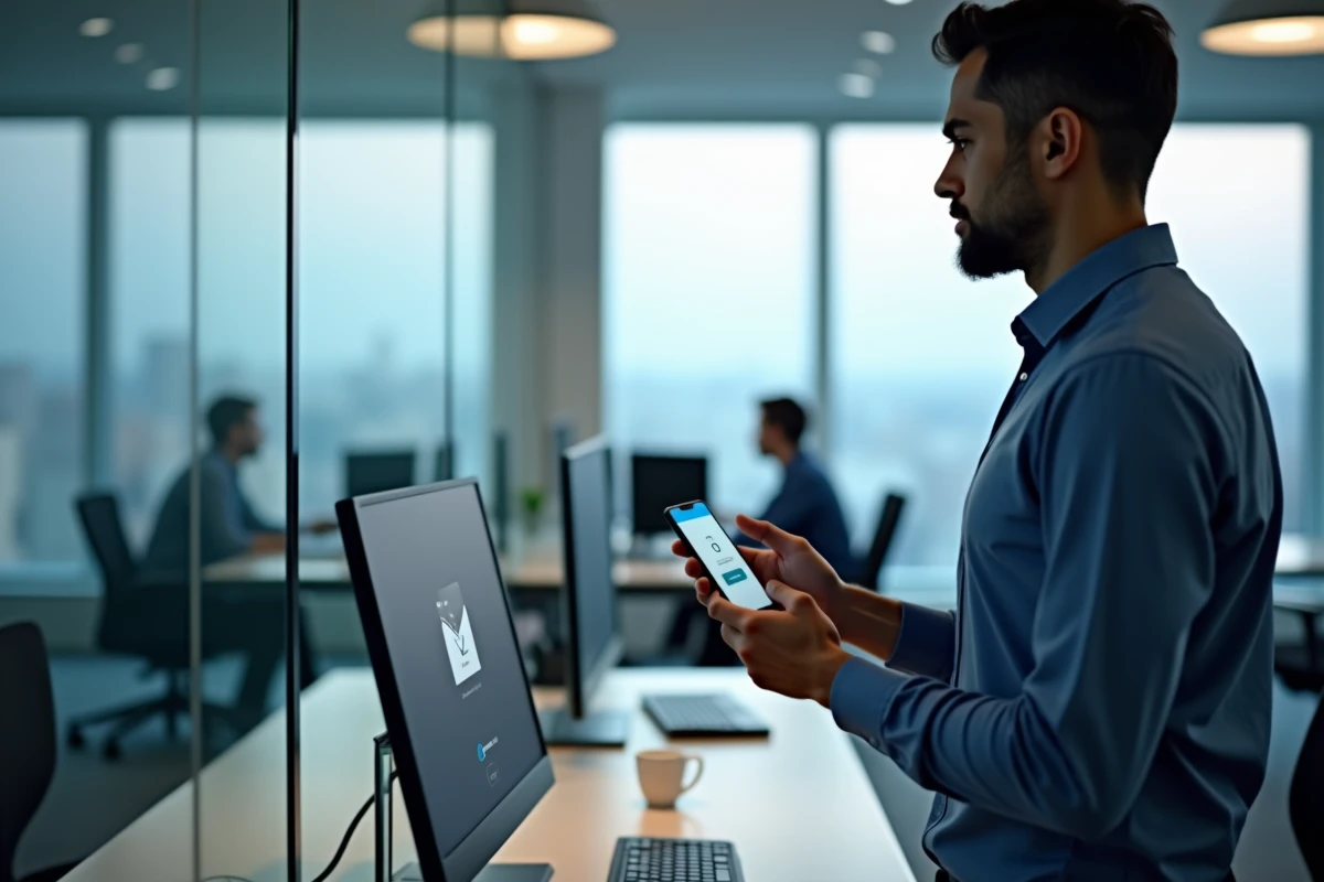 Homme en entreprise vérifiant le code de double authentification AOL sur son smartphone au bureau