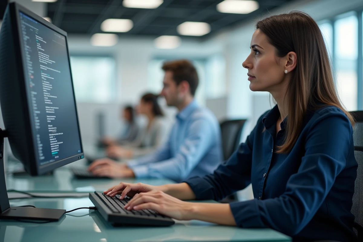 Femme modifiant les paramètres d'inversion de clavier USB sous Windows dans un open space professionnel
