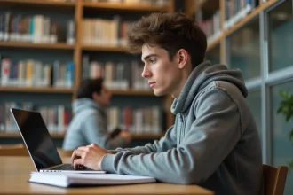 Étudiant jeune homme concentré à la bibliothèque