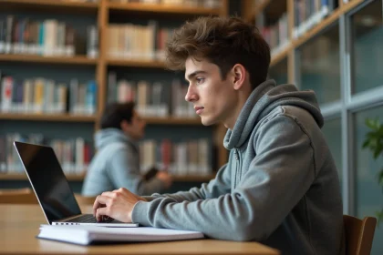 Étudiant jeune homme concentré à la bibliothèque