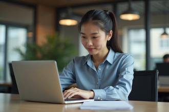 Jeune femme professionnelle au bureau utilisant un ordinateur