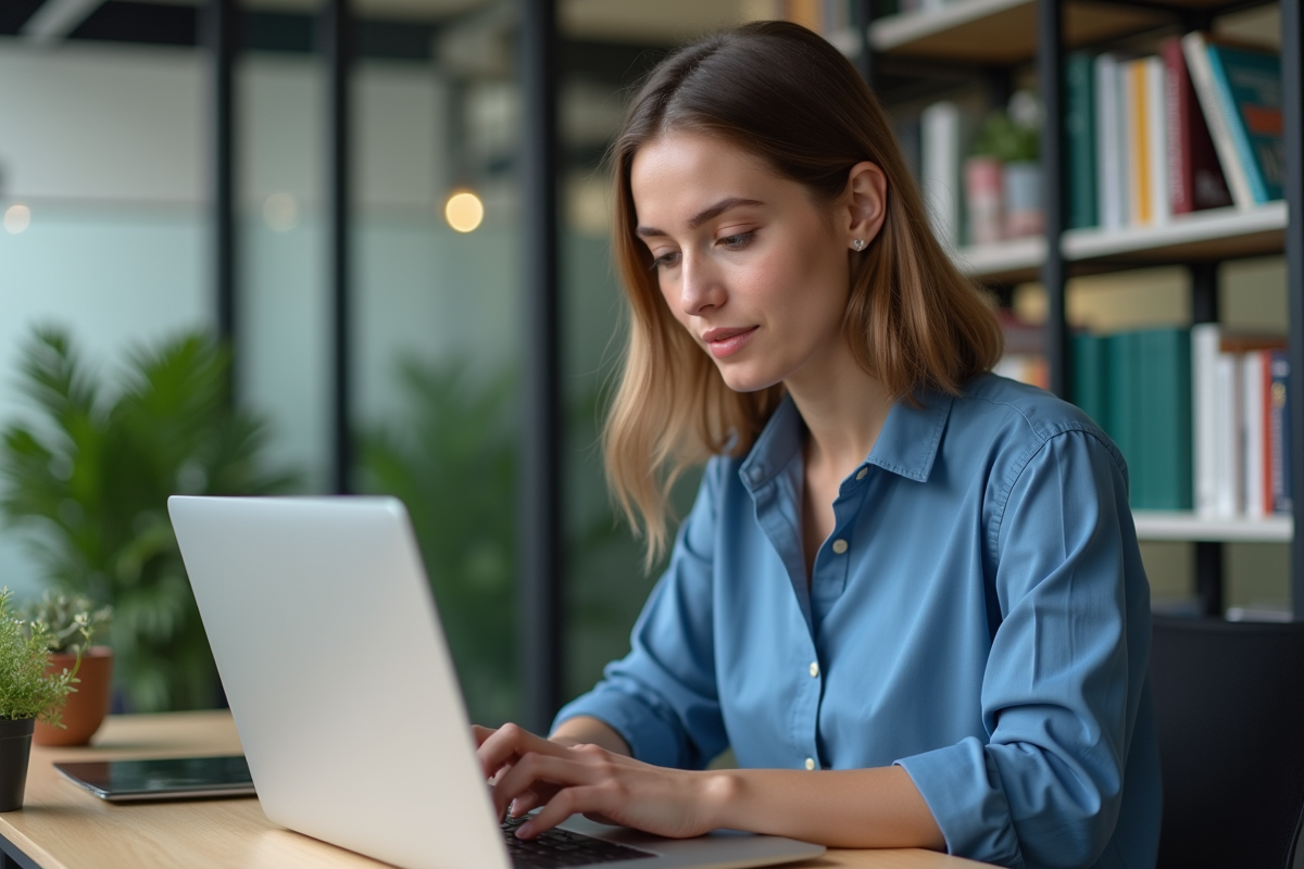 Jeune femme en blouse bleue code sur un ordinateur dans un bureau moderne