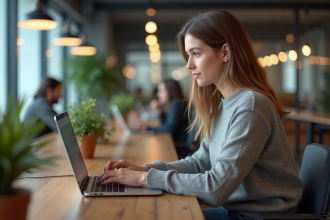 Jeune femme en coworking code sur un laptop