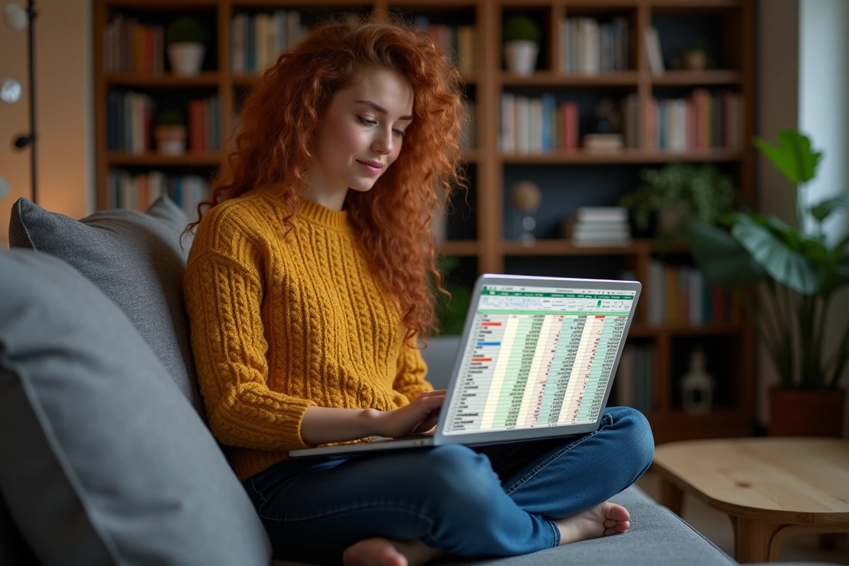 Jeune femme calculant des pourcentages sur Excel depuis son canapé dans un salon cosy et décontracté