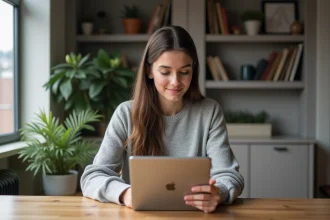 Jeune femme concentrée configurant son iPad dans un appartement moderne
