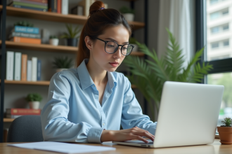 Jeune femme en blouse bleue travaille sur un PDF à son bureau