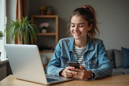 Jeune femme utilisant un ordinateur pour saisir un OTP à domicile