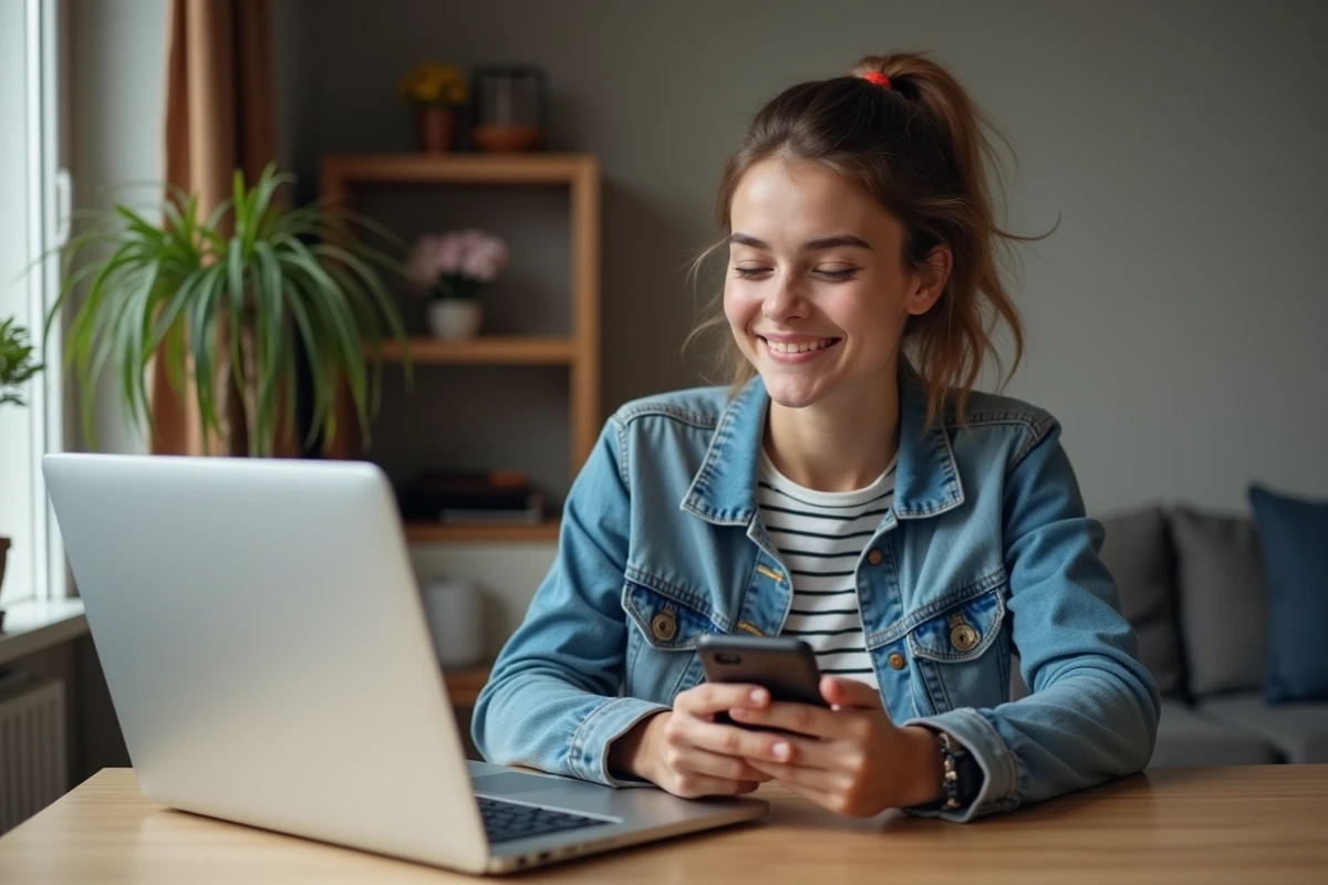 Jeune femme utilisant un ordinateur pour saisir un OTP à domicile