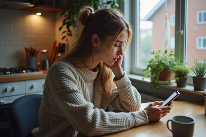 Jeune femme avec smartphone dans la cuisine moderne