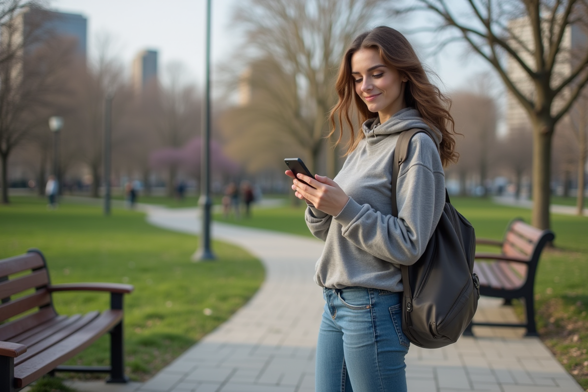 Jeune femme utilisant son smartphone dans un parc urbain
