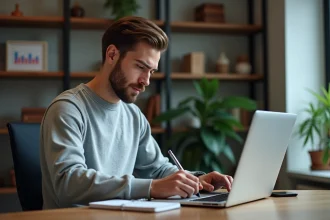 Jeune homme concentré travaillant sur un ordinateur dans un bureau moderne