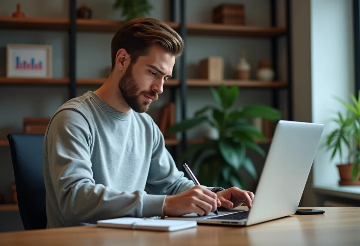 Jeune homme concentré travaillant sur un ordinateur dans un bureau moderne