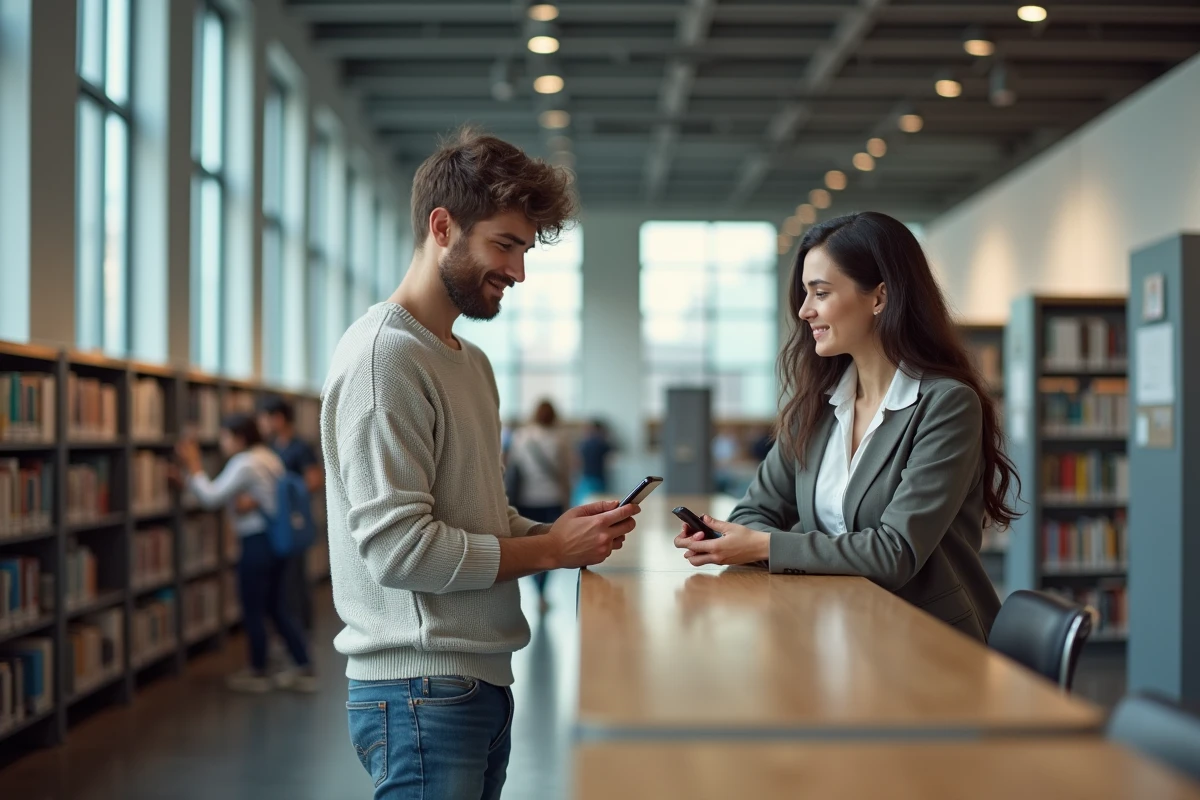 Jeune homme dans une bibliothèque publique avec un librarian