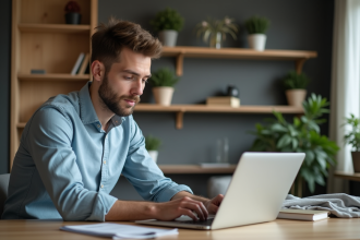 Jeune homme concentré travaillant sur son laptop dans un bureau moderne
