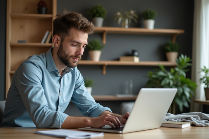 Jeune homme concentré travaillant sur son laptop dans un bureau moderne