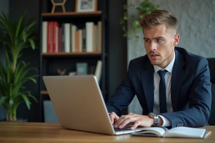 Jeune homme professionnel au bureau avec ordinateur et alerte
