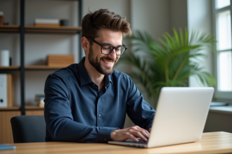 Jeune homme professionnel utilisant un ordinateur dans un bureau lumineux