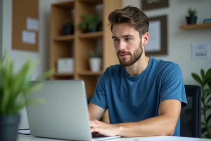 Jeune homme concentré devant son ordinateur dans un bureau moderne