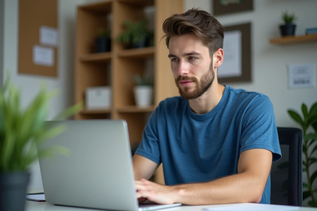 Jeune homme concentré devant son ordinateur dans un bureau moderne