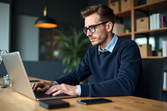 Jeune homme professionnel travaillant sur son ordinateur dans un bureau moderne