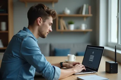 Jeune homme concentré sur son ordinateur portable à la maison