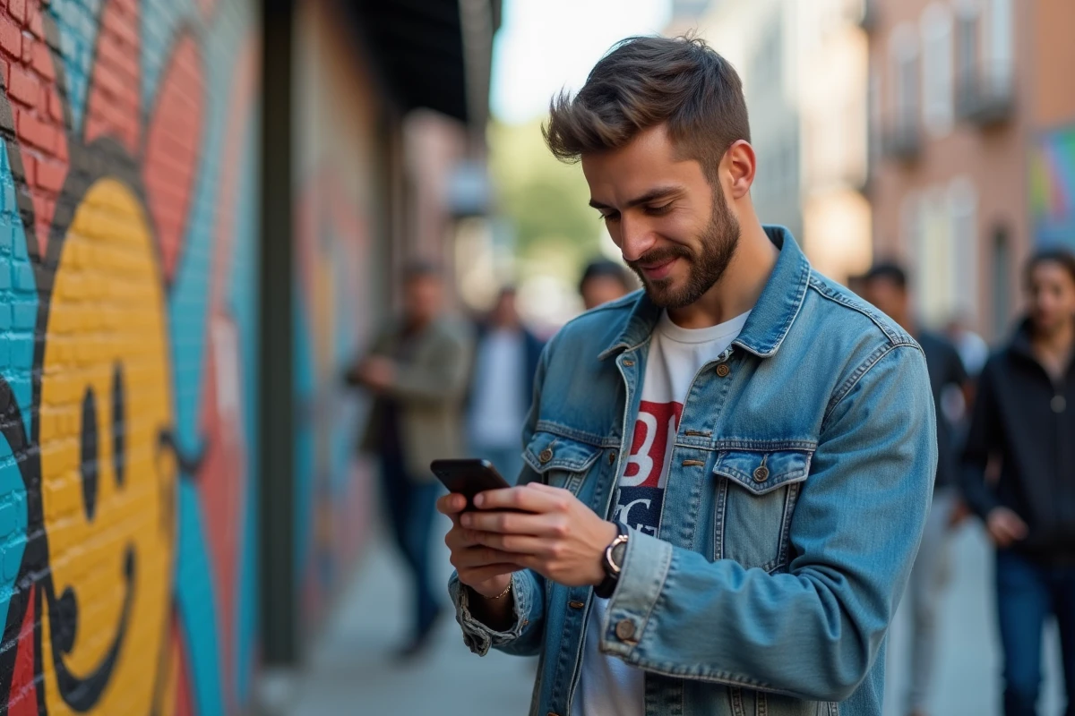 Jeune homme regardant un Reel sur son smartphone devant un mur coloré