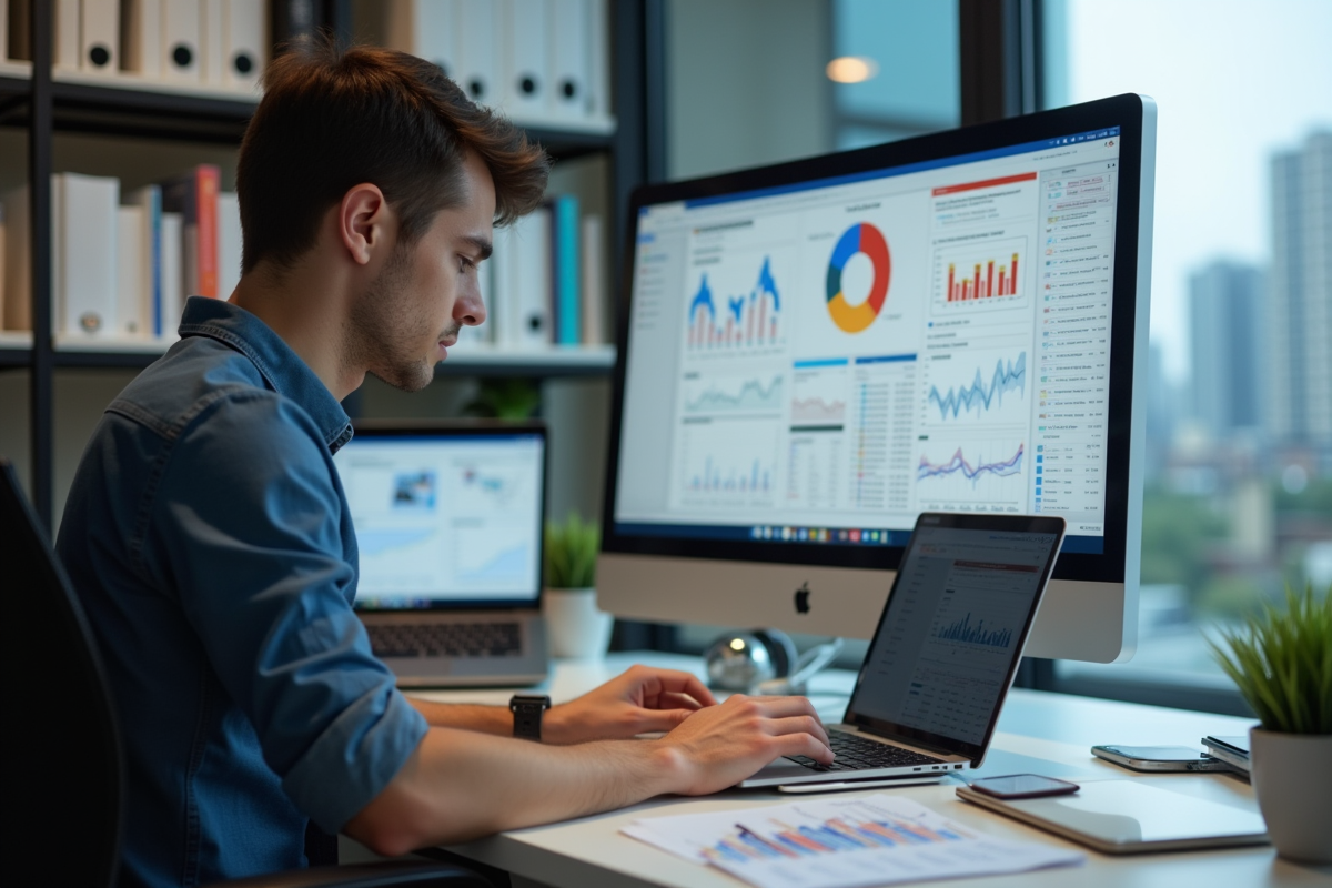 Jeune homme d'affaires travaillant sur un ordinateur dans un bureau moderne